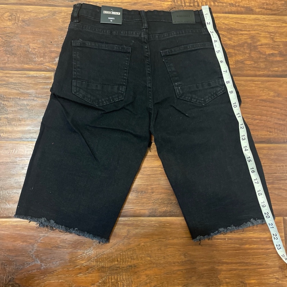 Black Jean Shorts with Heavy Distressing and Frayed Edges - Picture 3 of 4
